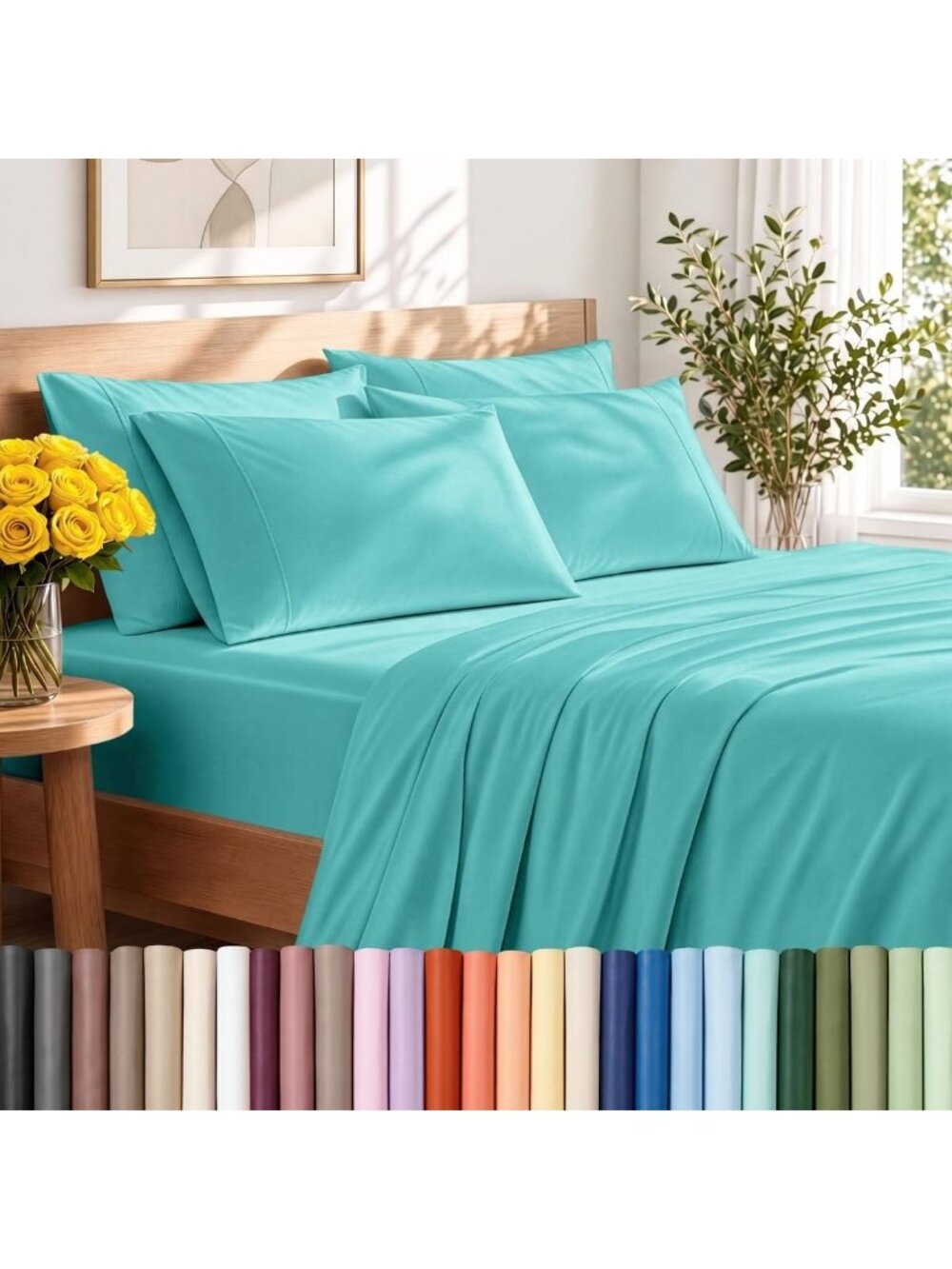 Ultra-Soft 1800 Thread Count Queen Sheet Set with 4 Pillowcases - Turquoise